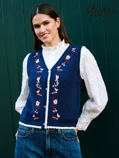 Blå - Yumi Brodert Strikket Vest