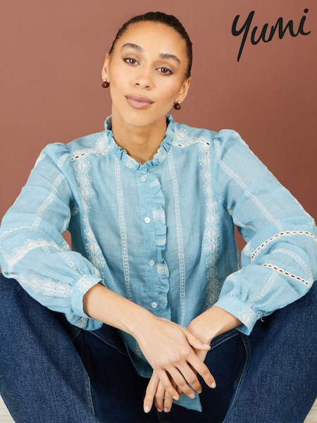 Blue - Yumi Cotton Embroidered Panel Shirt