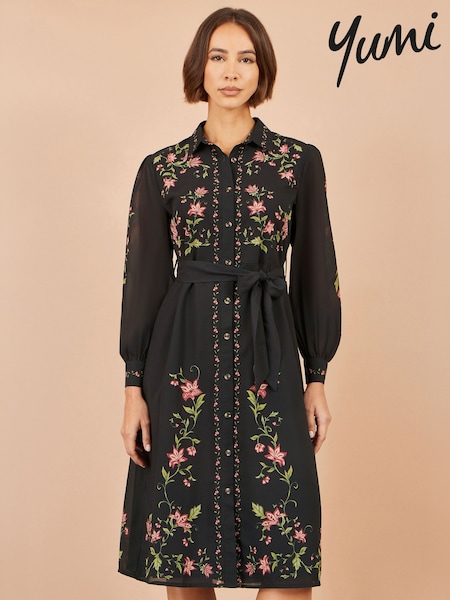 Black - Yumi Floral Placement Midi Shirt Dress