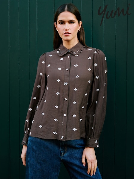 Brown - Yumi Viscose Daisy Embroidered Shirt