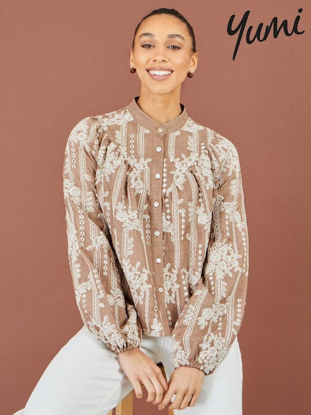 Brown - Yumi Embroidered Floral Relaxed Shirt