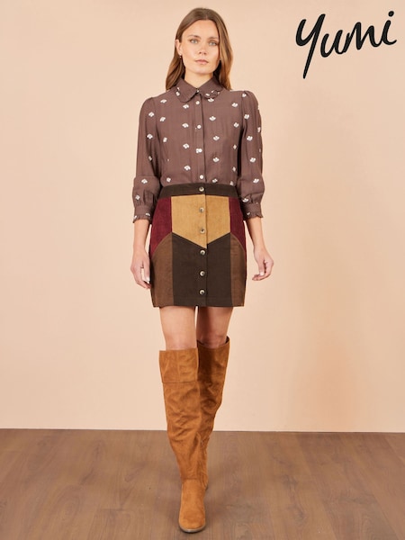 Brown - Yumi Patchwork Cord Mini Skirt
