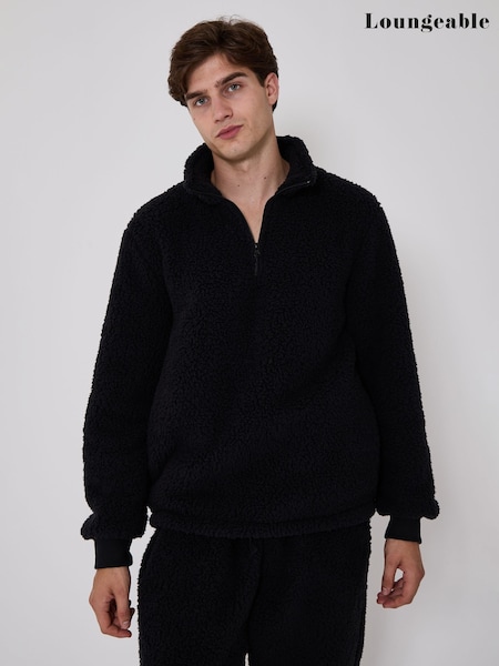 Czarny - Regular Loungeable Cosy Borg Fleece Quarter Zip And Joggers Lounge Set