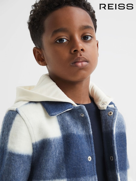 Reiss Blue Scott Junior Brushed Removable Hood Check Jacket (555774) | AED374
