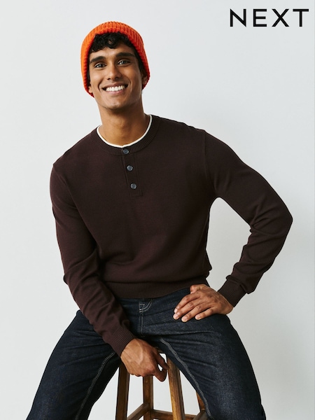Brown - Regular Long Sleeve Henley Knitted Jumper