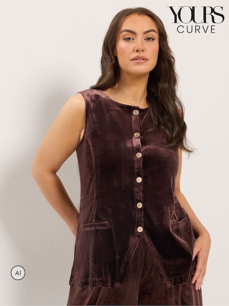 Brown - Yours Curve Velvet Longline Waistcoat