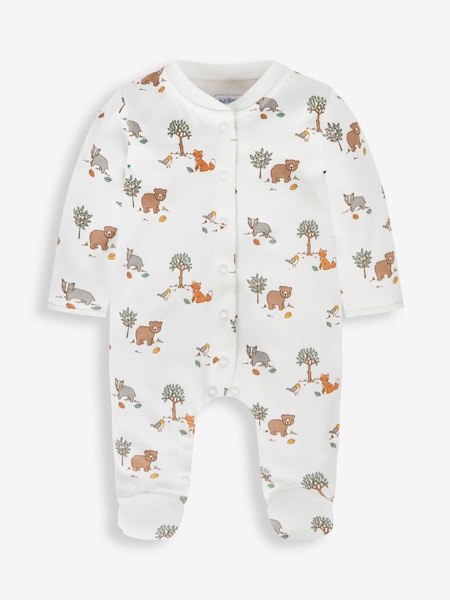 JoJo Maman Bébé Cream Woodland Print Cotton Baby Sleepsuit (557845) | $36