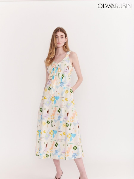 Olivia Rubin Cream Raquel Printed Midi Dress with Bust Tie (559478) | €128