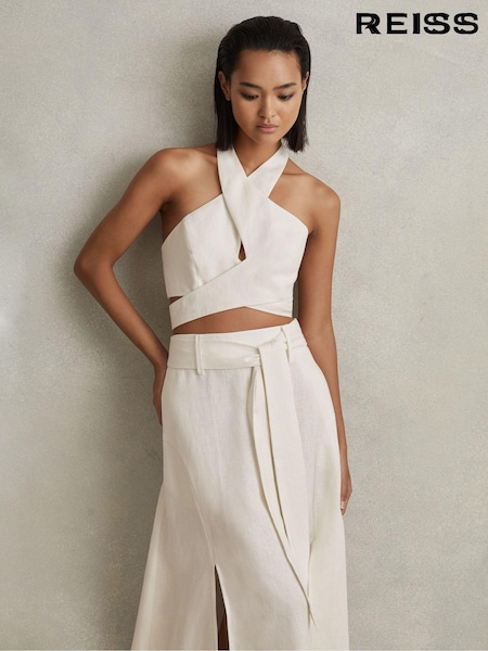 Reiss White Abigail Linen Halter Neck Cropped Top (559610) | € 137