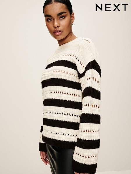 Ecru Cream and Black Stitch Detail Stripe Long Sleeve Jumper (560794) | AED28