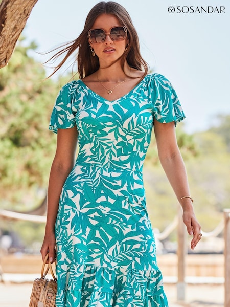 Sosandar Green Fit and Flare Ruffle Neck Dress (561086) | 185 QAR