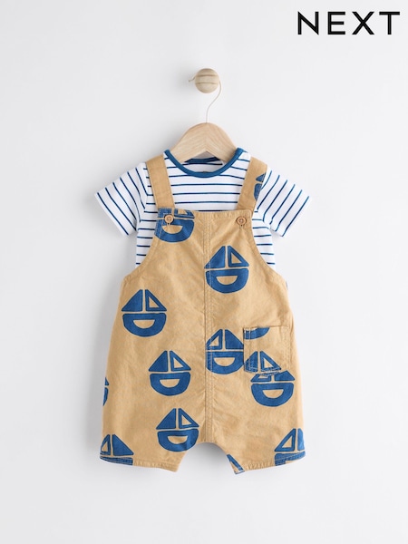 Brown/Navy Boat Baby Woven Dungarees and Bodysuit Set (0mths-2yrs) (561437) | €16 - €18