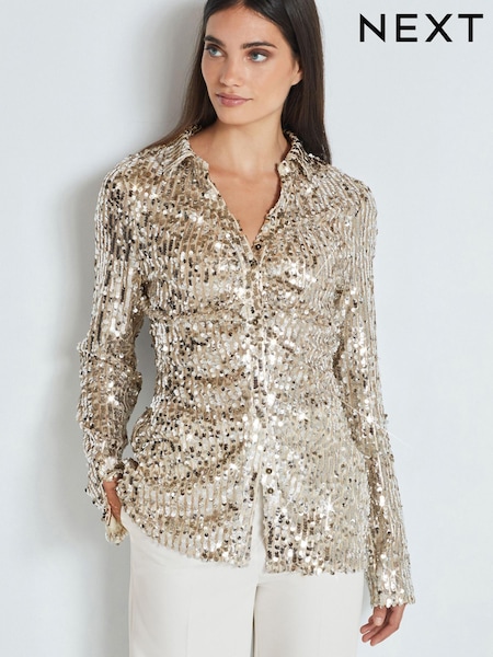 Champagne Gold Long Sleeve Sequin Ruched Shirt (561876) | €41