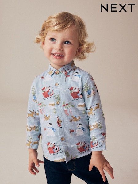 Blue Long Sleeve Printed Christmas 100% Cotton Shirt (3mths-7yrs) (562529) | AED46 - AED53