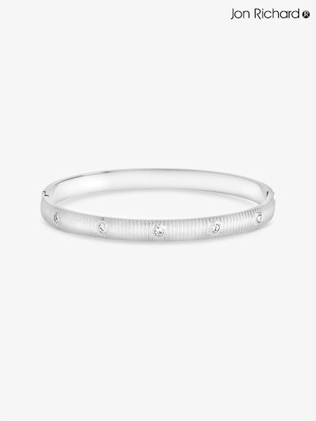 Silver - Jon Richard Plated Textured Stainless Steel Crystal Bangle