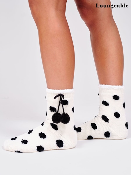 Blanc - Loungeable Knitted Polka Dot Socks With Pom Pom Detail
