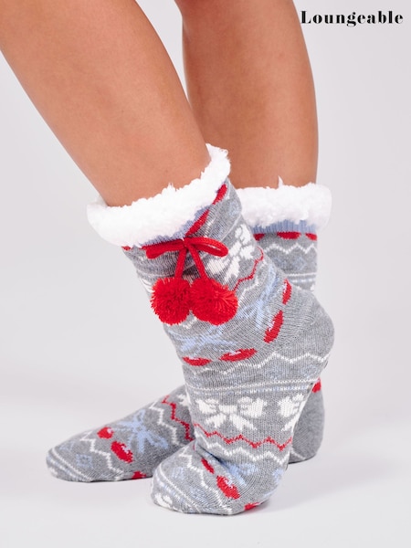 Grey - Loungeable Knitted Cherry Bow Fairisle Socks With Pom Pom Detail