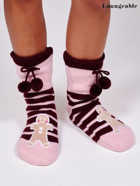 Rose - Loungeable Chaussettes d'intérieur rayées pain d'épice avec pompons