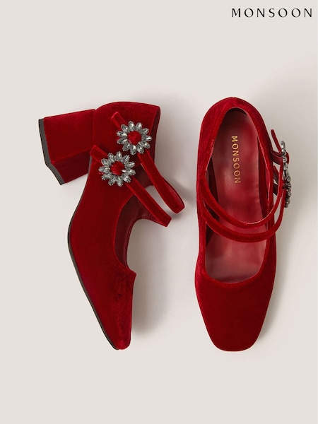 Red - Monsoon Symone Velvet Mary Jane Block Heels