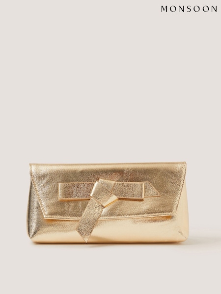 Gold - Monsoon Pippa Bow Clutch Bag