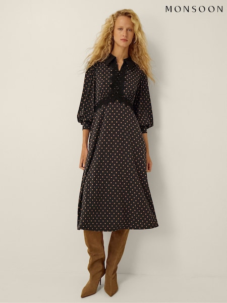 Schwarz - Monsoon Sally Jersey-Midikleid mit Spitze und Punktmuster