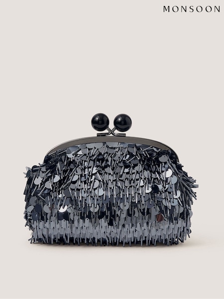 Grey - Monsoon Jade Sequin Fringe Clutch Bag