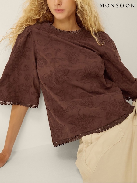 Brown - Monsoon Sabine Floral Embroidered Top