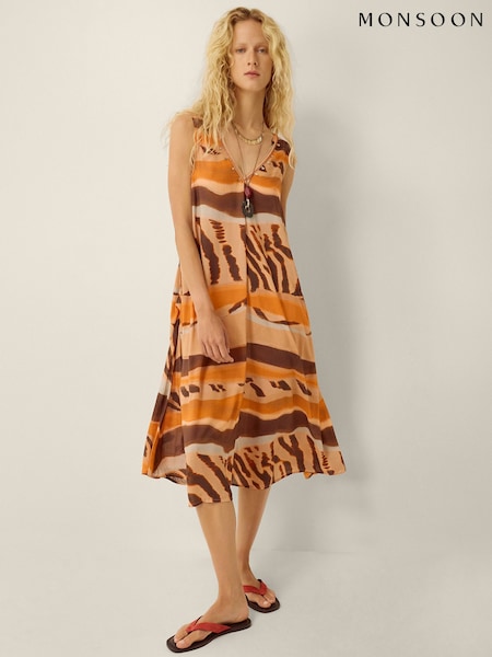 Brown - Monsoon Nadia Sleeveless Animal Print Midi Dress