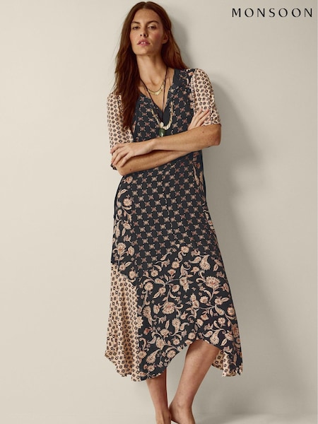 Black - Monsoon Raquel Patchwork Floral Print Midi Dress