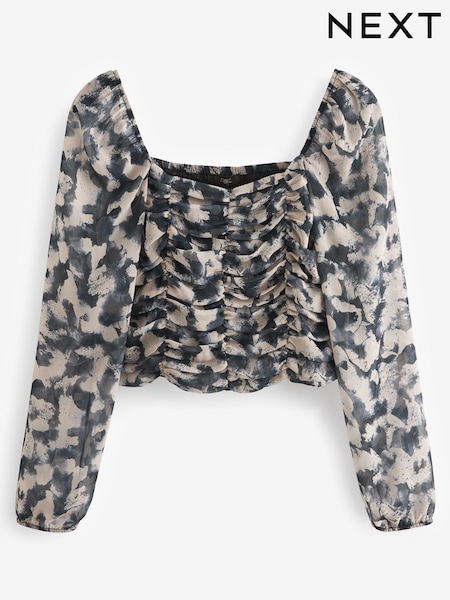 Smudge Print Ruched Long Sleeve Georgette Top (563842) | €19