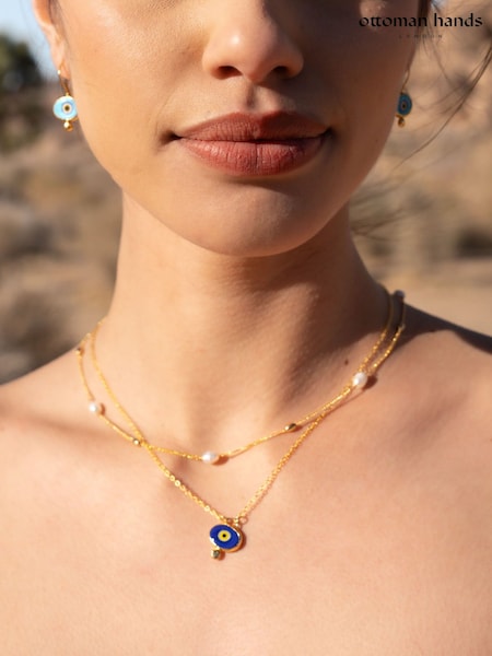 Gold Tone - Ottoman Hands Alara Navy Evil Eye Pendant Necklace
