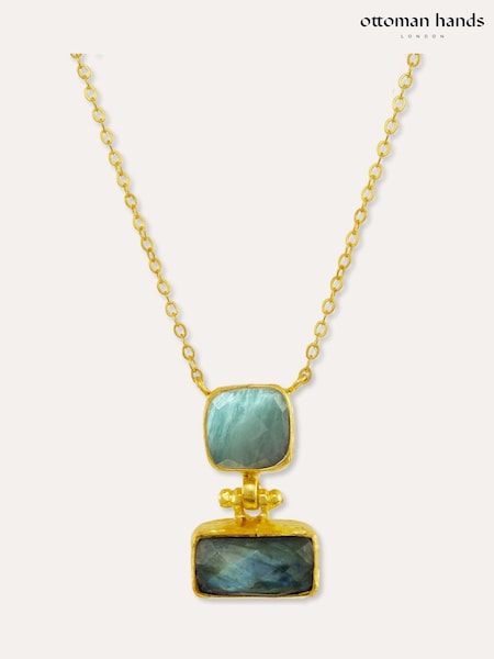 Gold Tone - Ottoman Hands Nerissa Labradorite And Aqua Chalcedony Pendant Necklace