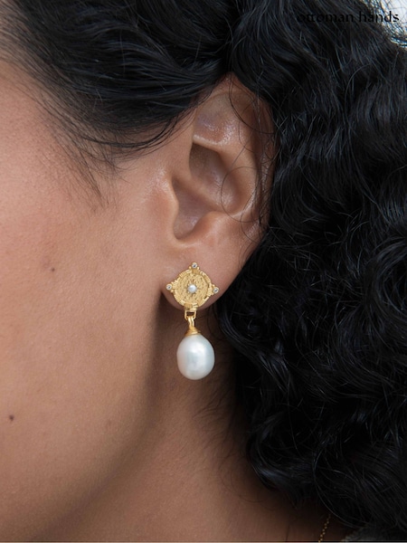 Gold Tone - Ottoman Hands Pearl And White Topaz Shield Drop Earrings