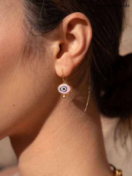 Gold Tone - Ottoman Hands Alara Pink Evil Eye Drop Earrings