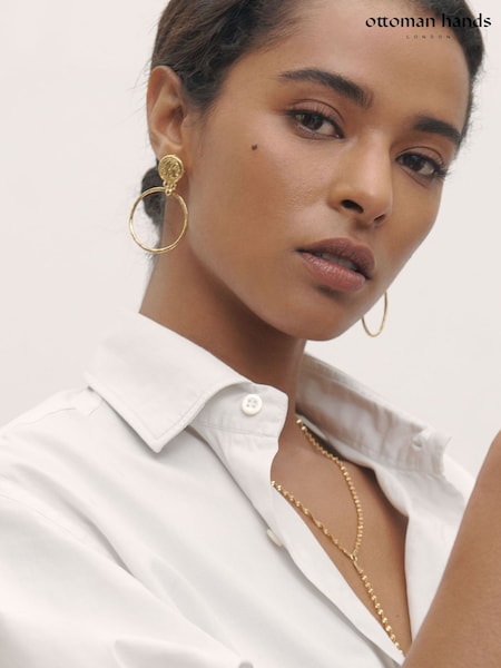 Gold Tone - Ottoman Hands Myia Gold Coin Front Hoop Earrings