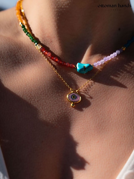 Gold Tone - Ottoman Hands Alara Pink Evil Eye Pendant Necklace