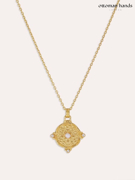 Gold Tone - Ottoman Hands Pearl And White Topaz Shield Pendant Necklace