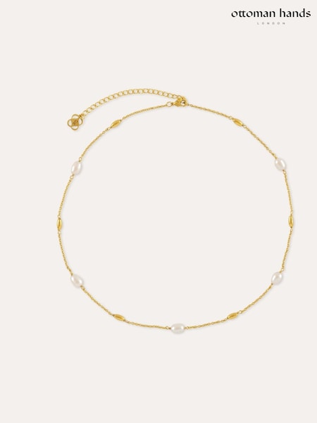 Gold Tone - Ottoman Hands Lyra Pearl Beaded Necklace