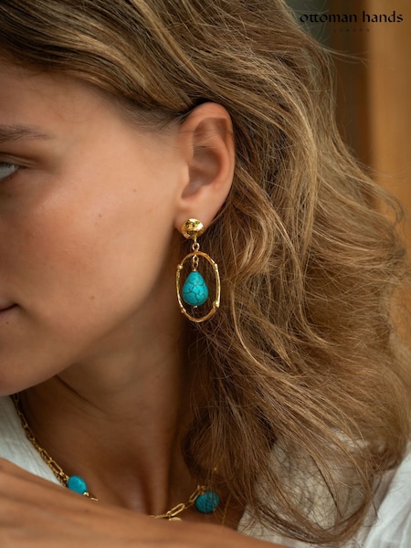 Gold Tone - Ottoman Hands Turquoise Drop Stud Earrings