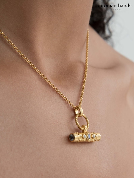 Gold Tone - Ottoman Hands Amulet T-bar Marquise Labradorite Necklace