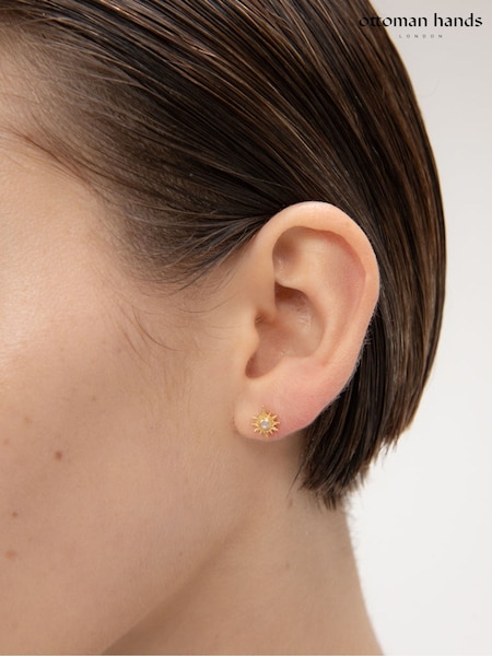 Gold Tone - Ottoman Hands Moonstone Star Stud Earrings