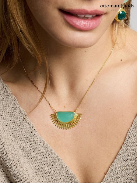 Gold Tone - Ottoman Hands Sunrise Aqua Chalcedony Pendant Necklace
