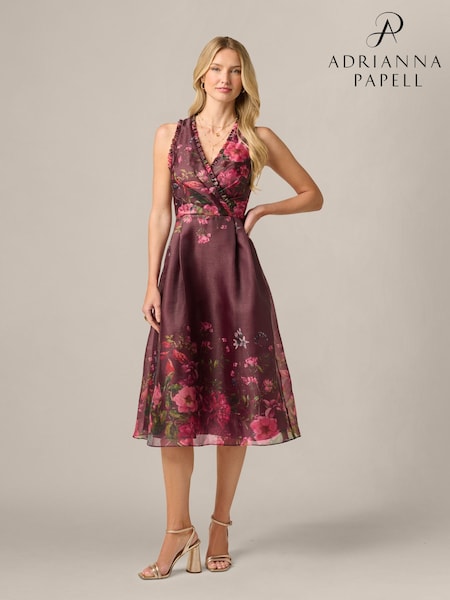 Red - Adrianna Papell Printed Organza Midi Dress