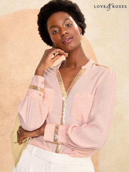 Love & Roses Pink and Gold Sequin Trim V Neck Blouse (565019) | €30