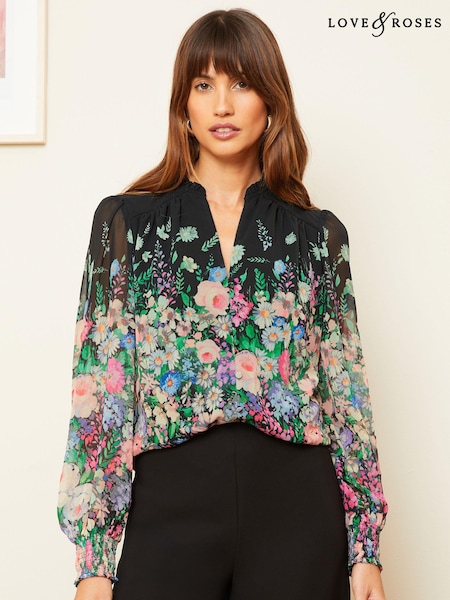 Negru - Bluză cu imprimeu și guler crestat Love & Roses (565027) | 143 LEI