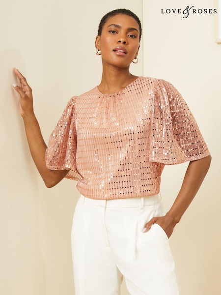 Love & Roses Rose Gold Jersey Flutter Sleeve Tie Bow Back Top (565272) | €20