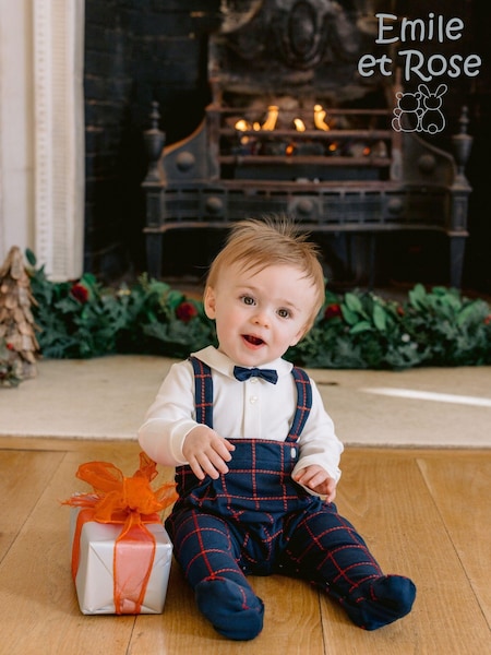 Emile Et Rose Navy Blue 2-in-1 Mock Dungaree, Red Check Embroidery & Bow Tie All-In-One (565876) | €58