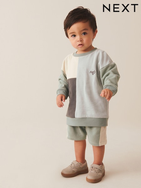 Mineral Blue/Mint Green Oversized Colourblock 100% Cotton Sweatshirt and Shorts Set (3mths-7yrs) (566245) | $45 - $58