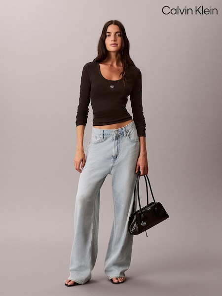 Musta - Calvin Klein -uurrettu puuvillainen pitkähihainen paita