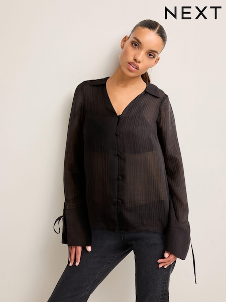 Черный - Tie Sleeve Textured Collared V-Neck Blouse (566877) | €4